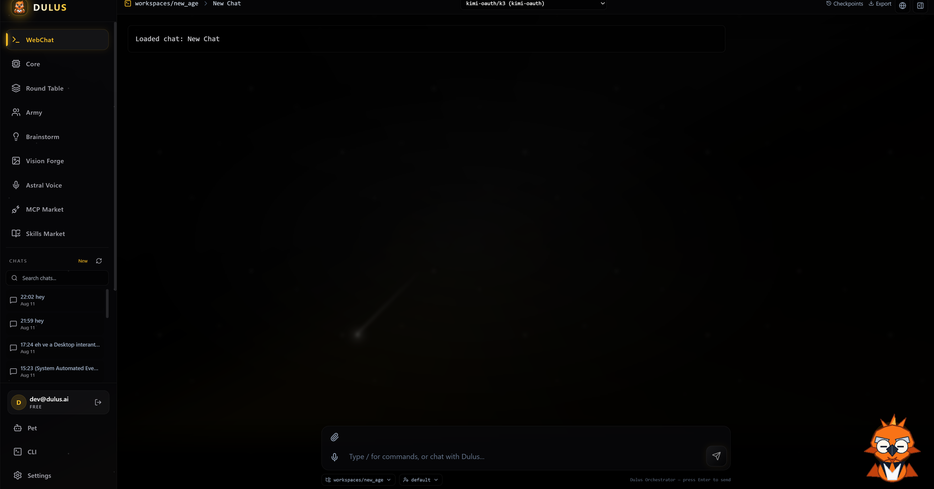 Dulus Desktop con WebChat, modelos, workspaces y herramientas